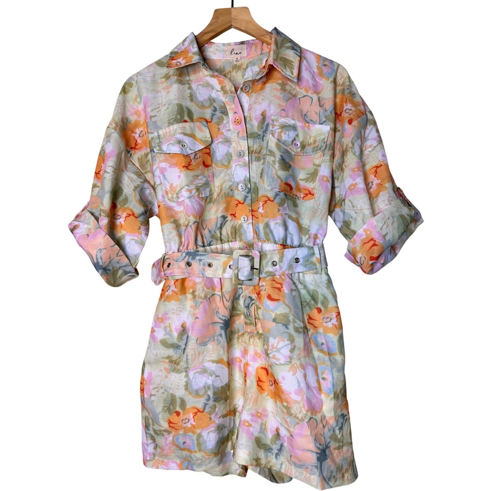 Lina Floral Belted Utility Romper Womens Medium Pastel Linen Blend Button Front